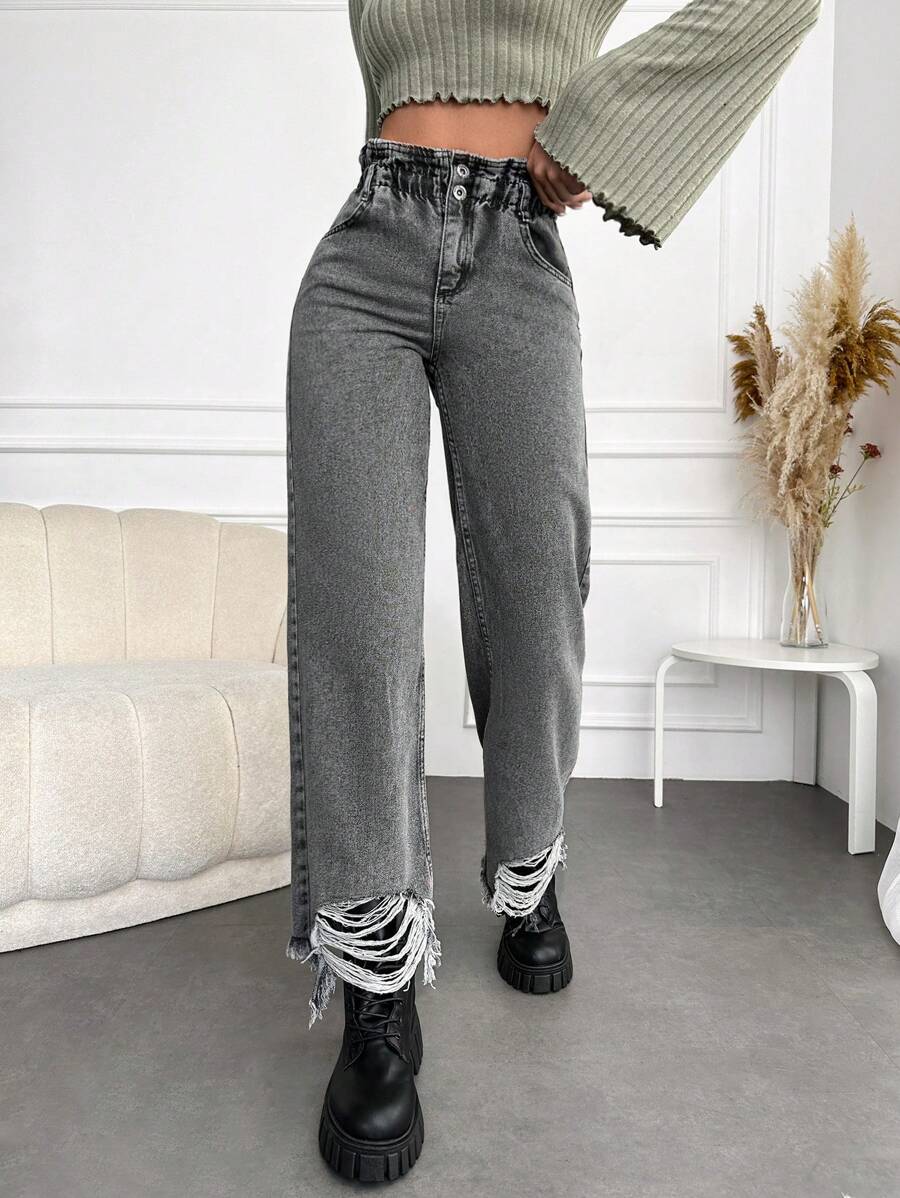 SHEIN Cottnline Paperbag Waist Ripped Raw Hem Straight Leg Jeans - Grey - View 1