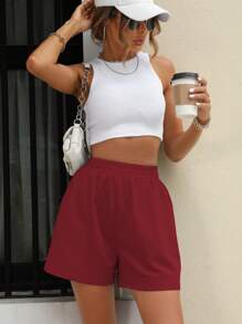 SHEIN Unity Solid Elastic Waist Wide Leg Shorts - Burgundy - View 3