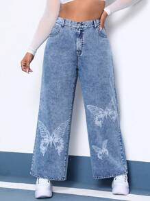SHEIN EZwear Plus Butterfly Print Wide Leg Jeans - Light Wash - View 1
