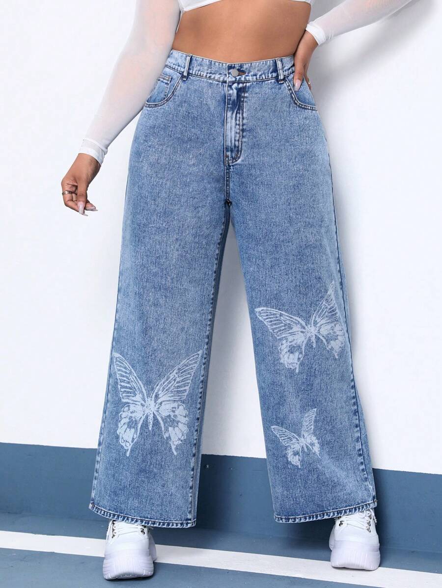 SHEIN EZwear Plus Butterfly Print Wide Leg Jeans - Light Wash - View 1