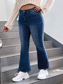 SHEIN EZwear 大碼高腰牛仔喇叭褲 - 中等水洗藍 - 查看 1