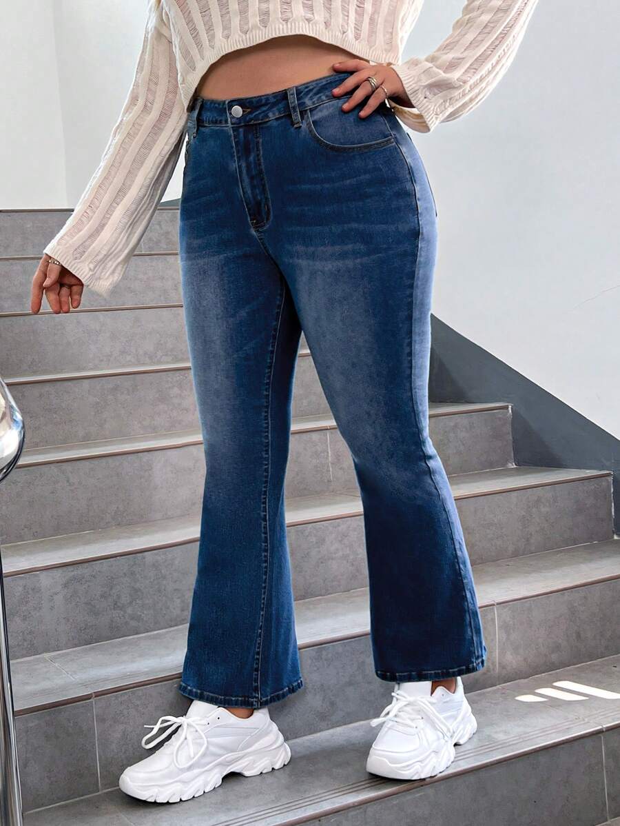 SHEIN EZwear 大碼高腰牛仔喇叭褲 - 中等水洗藍 - 查看 1