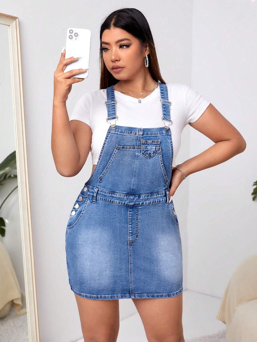 SHEIN EZwear Hơn Đã vá Túi Váy denim tổng thể Without Tee - Rửa trung bình - Xem 1