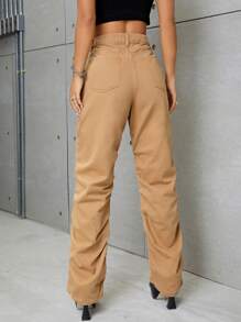 SHEIN ICON Ruched Straight Leg Jeans - Apricot - View 3