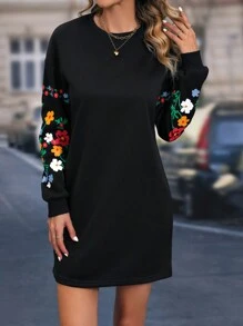 SHEIN LUNE Floral Print Drop Shoulder Sweatshirt Dress - Black - View 5