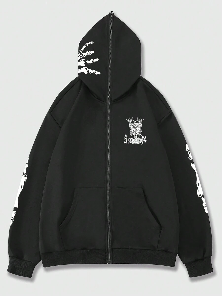 ROMWE MEN Goth 男士標語&骷髅圖案袋鼠口袋抽繩連帽衫 - 黑色 - 查看 1