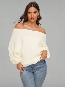 SHEIN Privé Off Shoulder tay cánh Đồ đan Ribbed Áo len - trắng - Xem 1