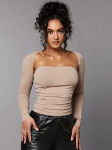 SHEIN BAE Solid Ruched Tube Top With Bolero - Khaki - View 1
