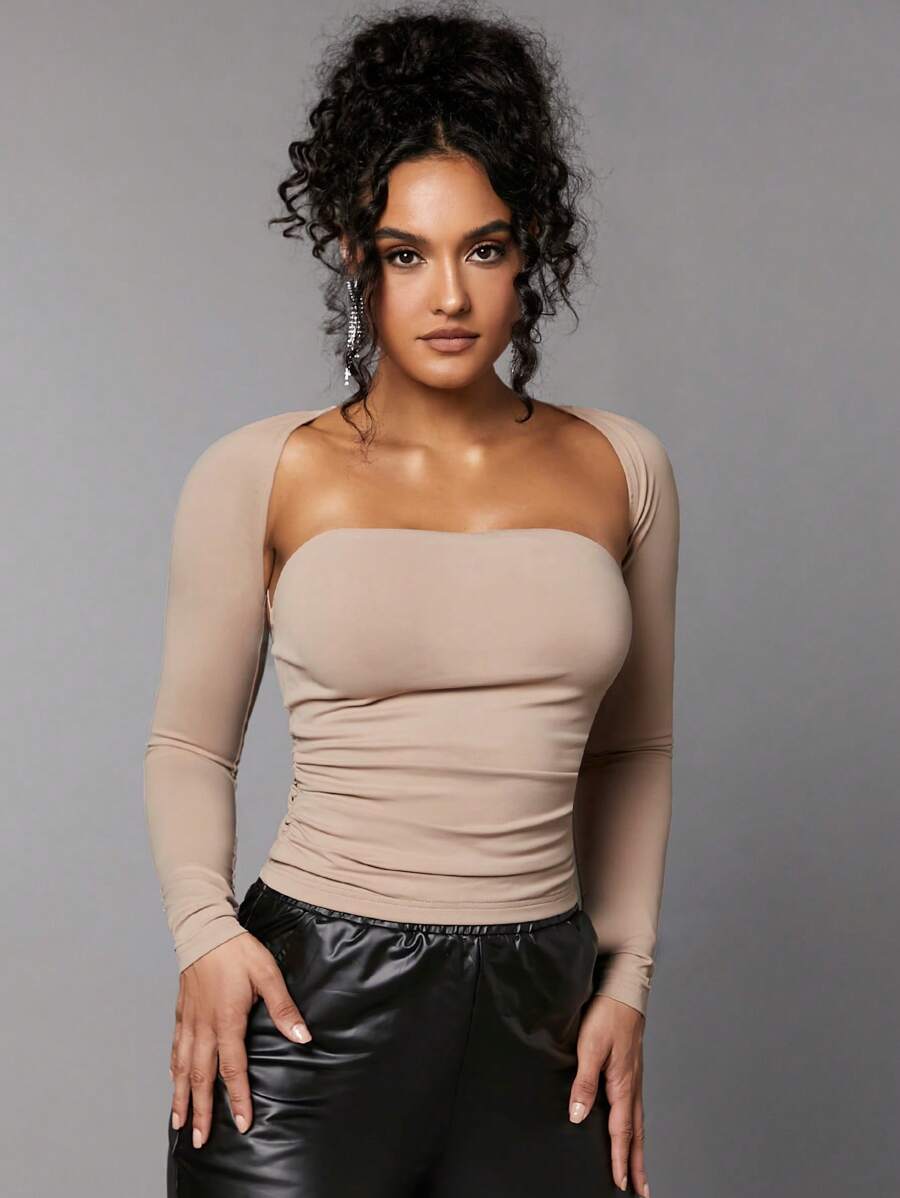 SHEIN BAE Solid Ruched Tube Top With Bolero - Khaki - View 1