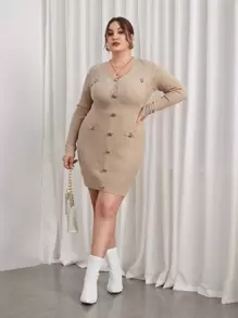 SHEIN Privé Plus Button Detail Bodycon Sweater Dress - Apricot - View 6