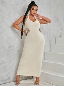 Flirla Plus Tie Backless Halter Sweater Dress - Apricot - View 5