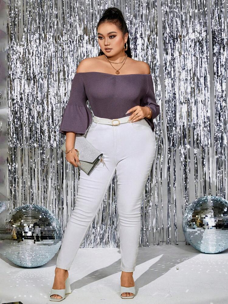 Plus Off Shoulder Flare Sleeve Sweater Knit Pullover Fall Winter Sweater