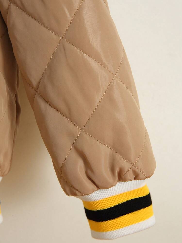Young Boy 1pc Letter Embroidery Striped Trim Thermal Lined Zipper Bomber Quilted Coat