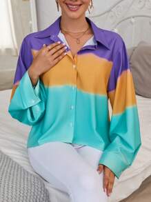 GENKIRA 撞色喇叭袖襯衫 - 藍色 - 查看 1