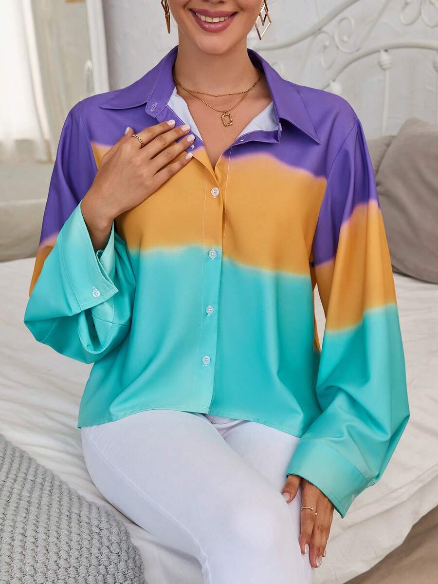 GENKIRA 撞色喇叭袖襯衫 - 藍色 - 查看 1