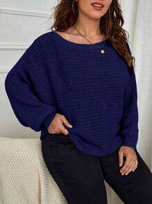 SHEIN LUNE Plus Batwing Sleeve Ribbed Knit Sweater Knit Pullover Fall Winter Autumn Sweater - Navy Blue - View 4