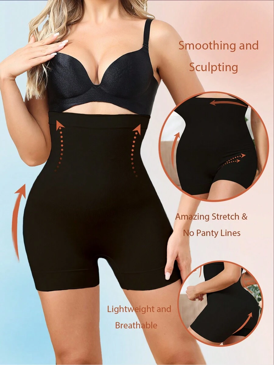 Women's Black High Waisted Smoothing Body Slimming Shapewear Shorts With Medium Stretch For Casual Comfy Wear - Black - View 1
