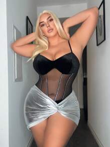 SHEIN SXY Bộ đồ liền thân lưới tương phản đính đá cỡ lớn cho nữ Câu lạc bộ trang phục gợi cảm - màu đen - Xem 4