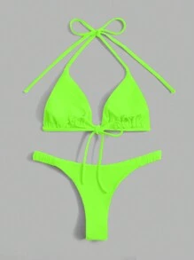 Swim Basics Summer Beach Solid Triangle Neon Halter Bikini Set Bathing Suit - Green - View 2