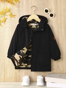 SHEIN Young Boy Dual Pocket Patched Detail Zipper Hooded Coat Without Sweater - Black - View 2