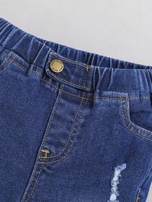 SHEIN 年輕女孩破洞磨邊漂白洗牛仔褲 - 深色水洗藍 - 查看 3