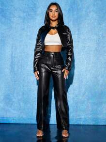 SHEIN PETITE 接縫細節PU皮革長褲 - 黑色 - 查看 6