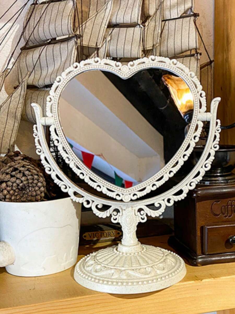 1 pieza Espejo de Vanidad de Doble Cara, Espejo de Princesa con Forma de Corazón de Estilo Europeo Vintage - Beis - Ver 1
