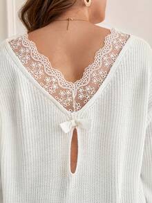 SHEIN Frenchy Hơn Ren tương phản Thả vai Áo len - trắng - Xem 2