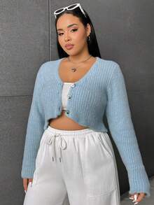 SHEIN EZwear Plus Fuzzy Ribbed Knit Crop Cardigan - Mint Green - View 4