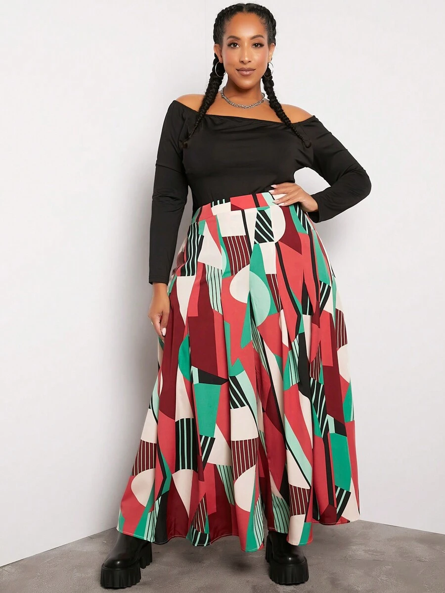 SHEIN CURVE+ Hơn Địa lý In chắp vá Quần ống rộng - Màu Hồng Tươi - Xem 1