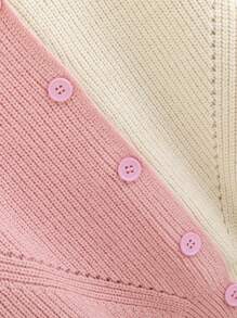 SHEIN Tween Girl Two Tone Drop Shoulder Open Knit Detail Cardigan - Pink - View 3