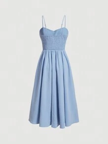 SHEIN MOD Solid Shirred Back Cami Dress Without Blouse - Blue - View 2