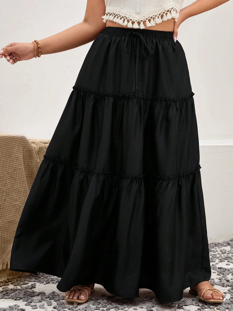 SHEIN VCAY Plus Tie Waist Ruffle Hem Maxi Skirt - Black - View 1