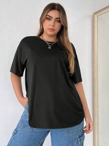 Flirla Áo thun Plus size màu trơn Giải trí - màu đen - Xem 5