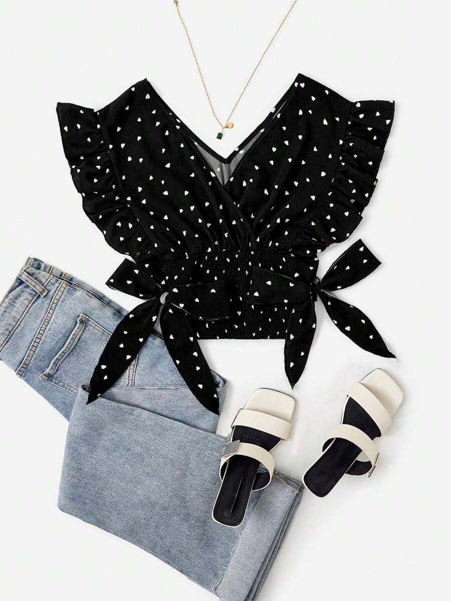 Trelyra Allover Heart Print Bow Side Blouse - Black - View 1