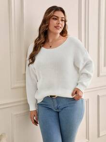 SHEIN Frenchy Hơn Ren tương phản Thả vai Áo len - trắng - Xem 4
