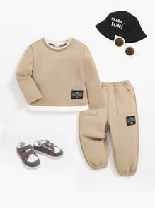 SHEIN Baby Boy Color Blocked Drop Shoulder Decor Zipper Detail Long Sleeve Top With Drawstring Cuffed Joggers Set - Khaki - View 1