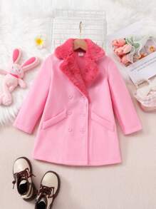 SHEIN Young Girl Lapel Neck Double Breasted Overcoat - Watermelon Pink - View 1