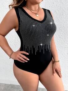 Celure Plus Rhinestone Detail Tank Bodysuit - Black - View 5