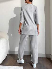 EURMUSE 100%Cotton Drop Shoulder Tee & Wide Leg Pants - Light Grey - View 2