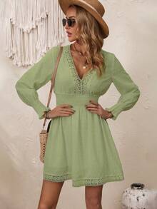 SHEIN VCAY Chấm Swiss Chèn ren Guipure Tay áo lồng đèn Đầm - màu xanh lá - Xem 6