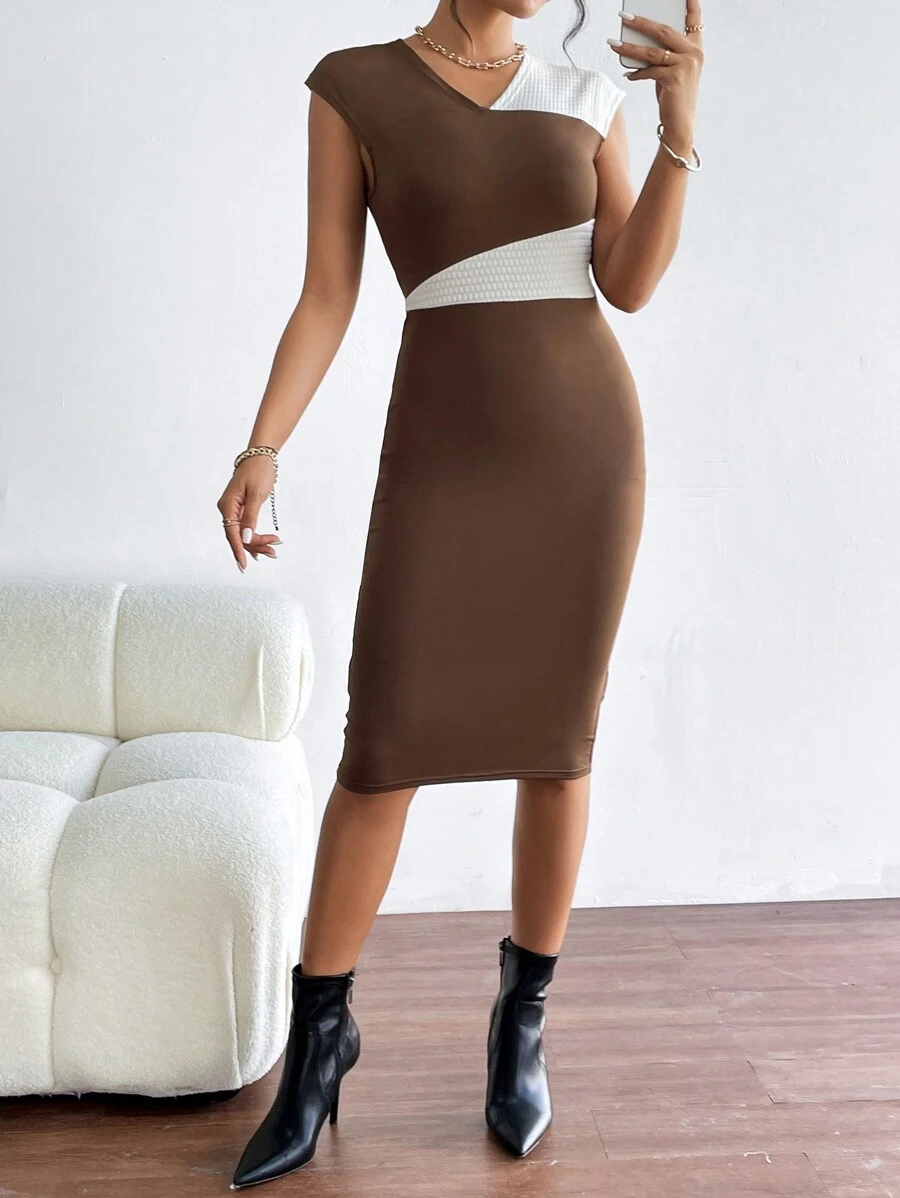 SHEIN Essnce Khối màu Cổ v Váy bodycon - màu nâu - Xem 1