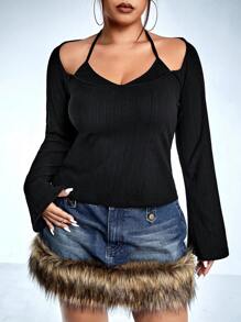 SHEIN ICON Plus Tie Back Halter Neck Tee - Black - View 8