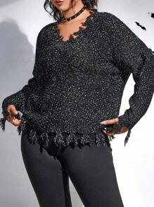 Flirla Plus Halloween Drop Shoulder Distressed Sweater Knit Pullover Fall Winter Outfit - Black - View 3