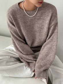 DAZY Jersey de hombros caídos tejido jaspeado - Caqui - Ver 4