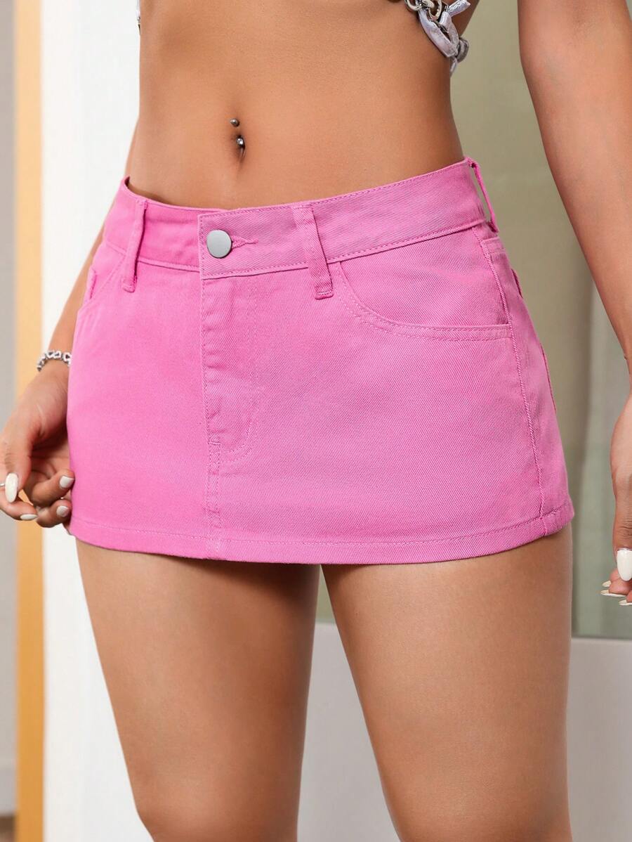 SHEIN ICON 素色迷你牛仔半身裙 - 粉色 - 查看 1