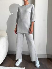 EURMUSE 100%Cotton Drop Shoulder Tee & Wide Leg Pants - Light Grey - View 4