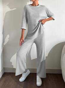 EURMUSE 100%Cotton Drop Shoulder Tee & Wide Leg Pants - Light Grey - View 5