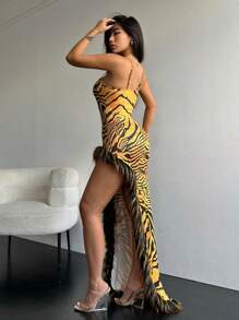 Zolique Zebra Striped Print Fuzzy Trim Asymmetrical Hem Cami Dress - Multicolor - View 3