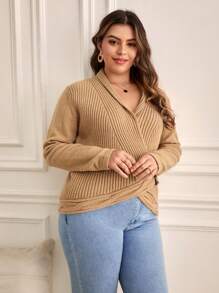 SHEIN Frenchy Plus Buckle Detail Wrap Cross Sweater Fall/Winter - Khaki - View 7